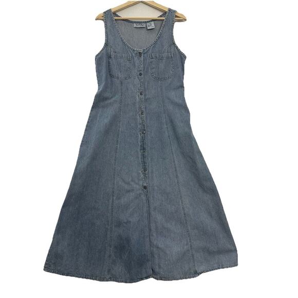 Vtg Denim Button Front Maxi Dress Womens 11/12 Blue Tie Back Boho Country *READ - Picture 1 of 15